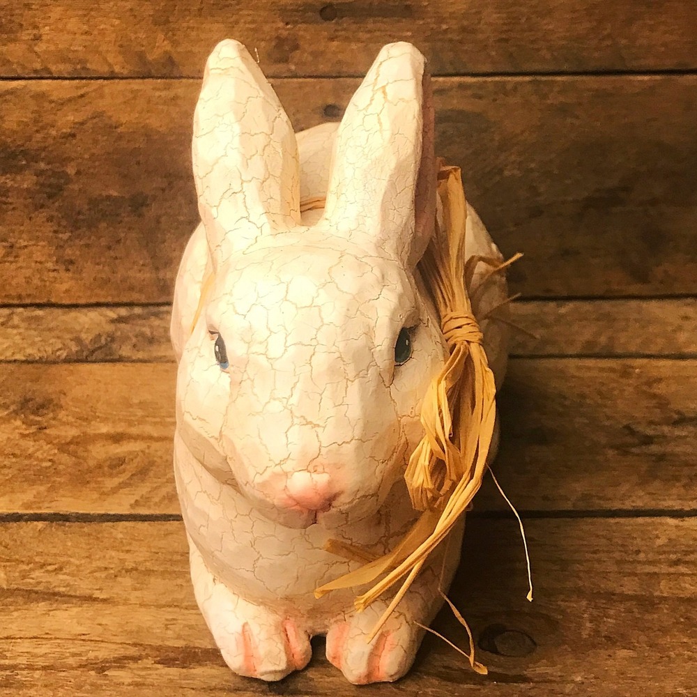 White Rabbit Crackled Figure with Raffia Bow - Picture 2 of 4